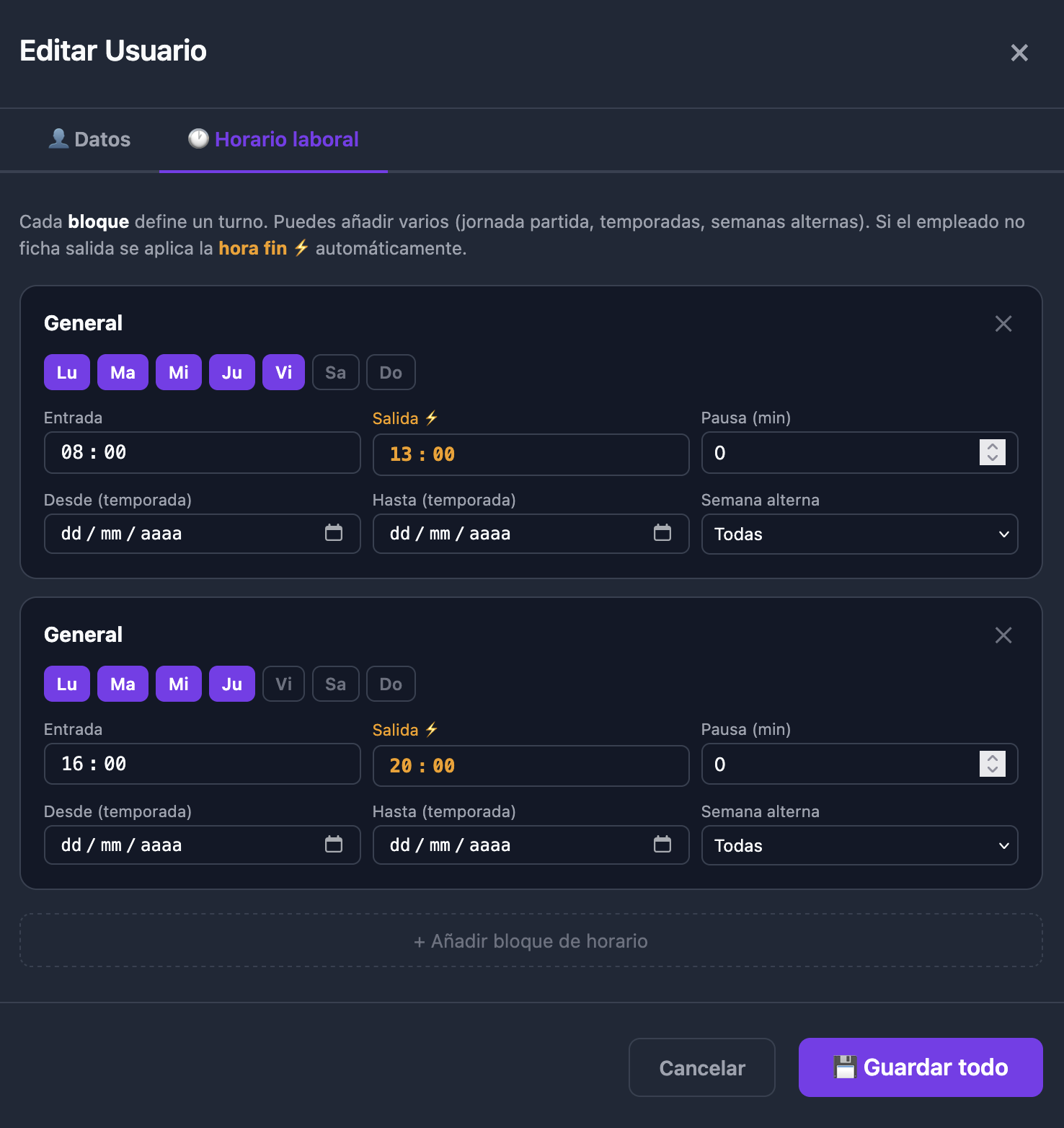 Pantalla de configuración de horarios de un empleado en Ordulan