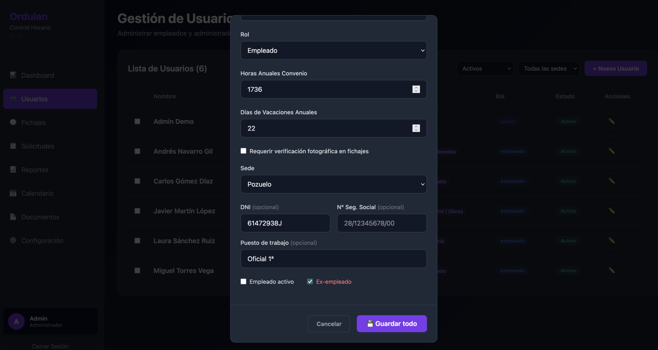 Lista de usuarios con botones de editar y toggle activo/inactivo en Ordulan