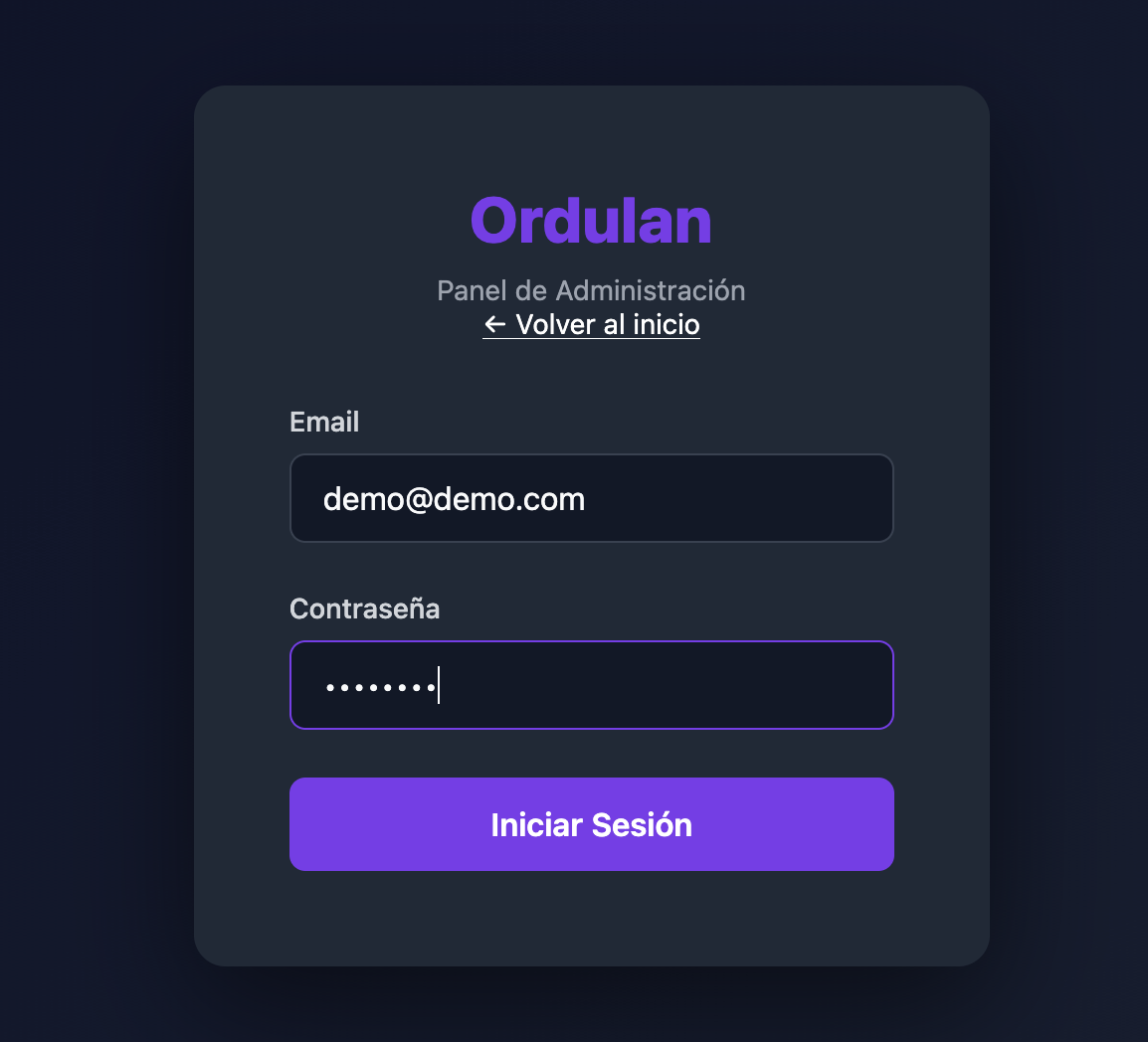 Pantalla de login del panel de administración de Ordulan