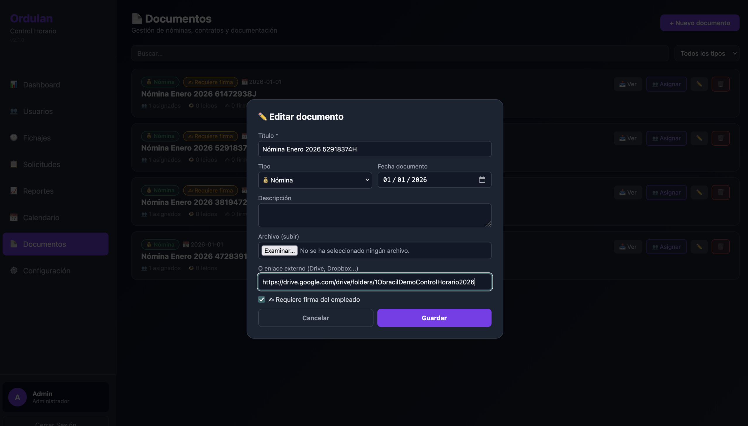 Pantalla de documentos con listado y estado de firma por empleado en Ordulan