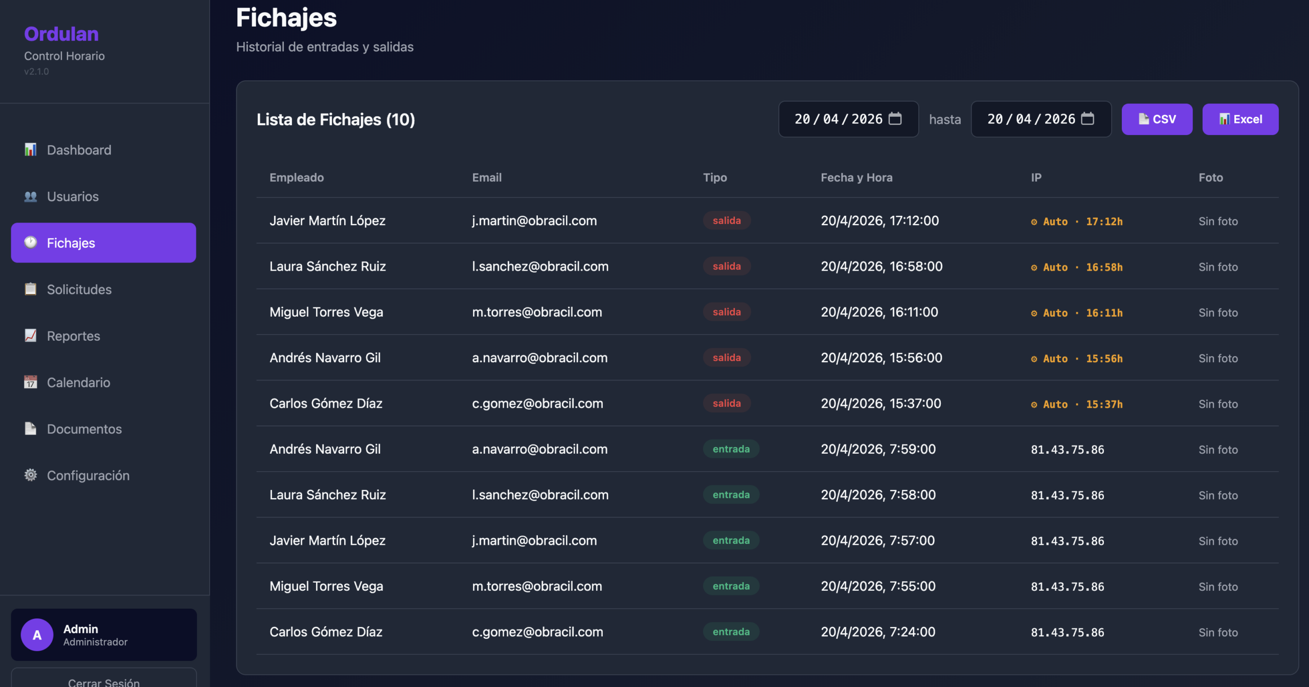 Listado de fichajes con filtros de fecha y empleado en Ordulan