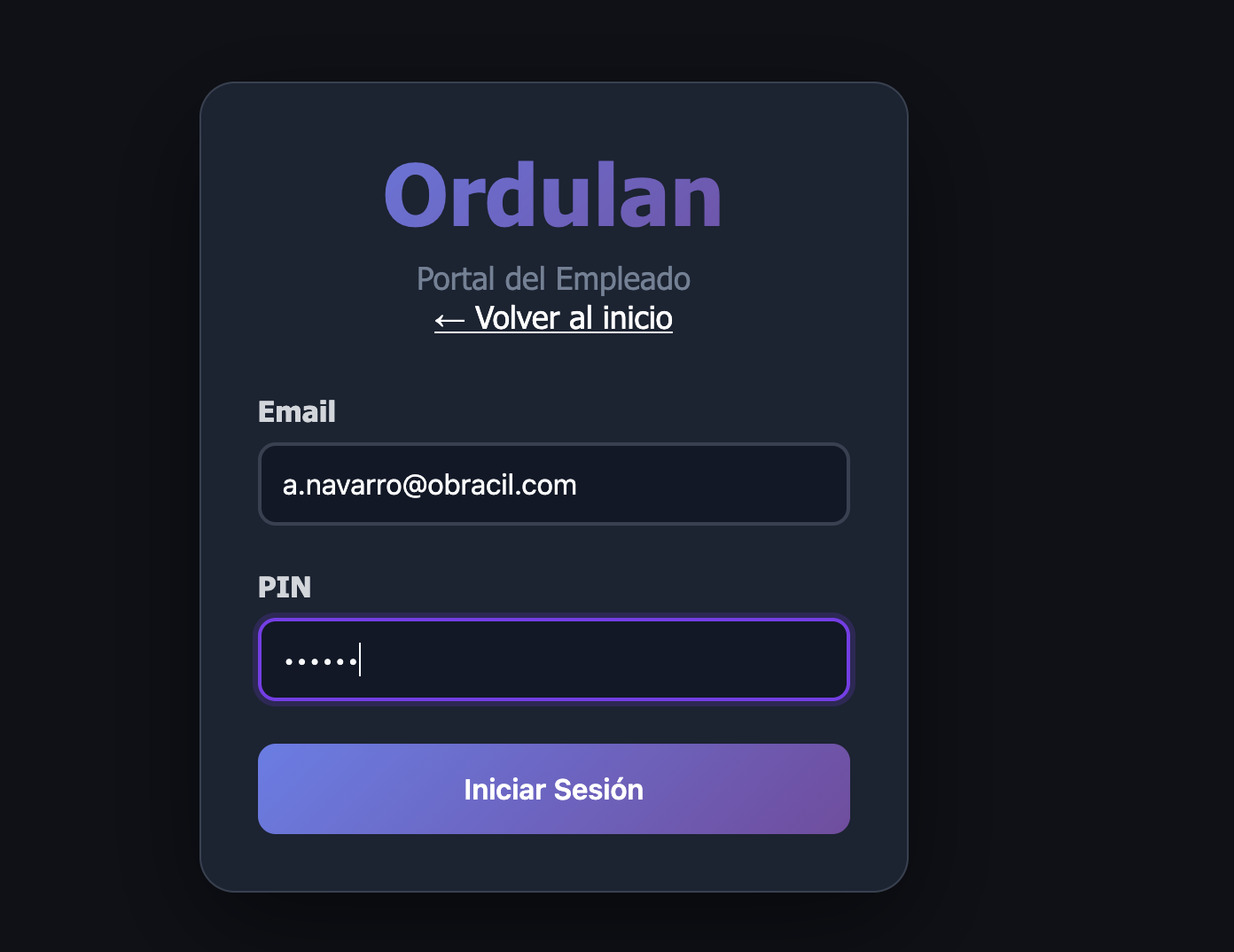 Pantalla de login del portal del empleado de Ordulan