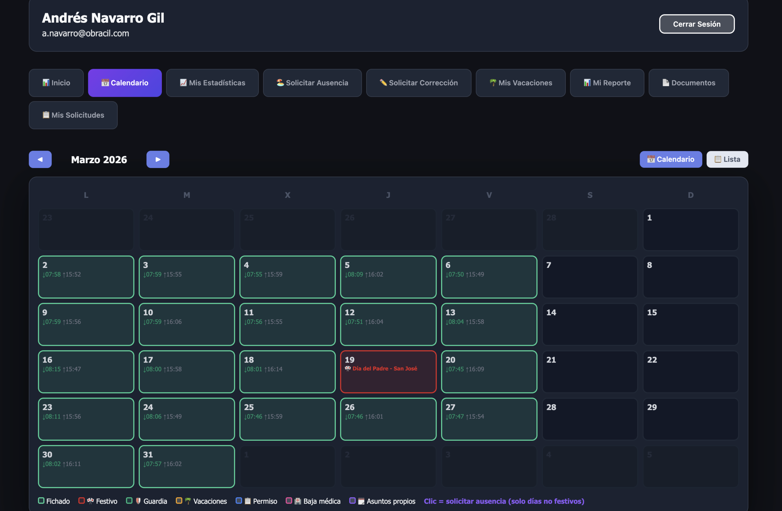 Pantalla de mis horas con resumen mensual en el portal del empleado de Ordulan