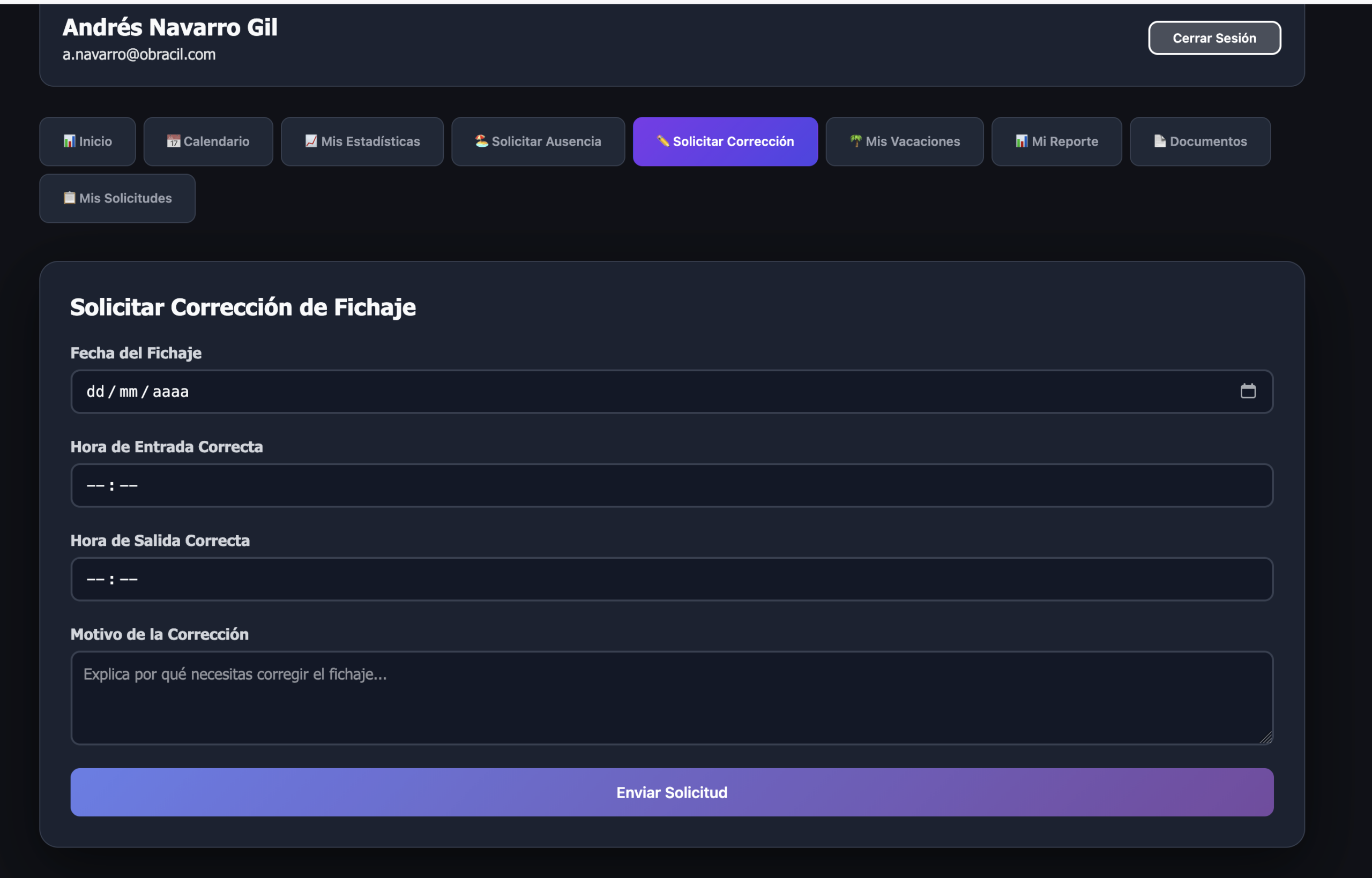 Formulario de solicitud de corrección de fichaje en Ordulan